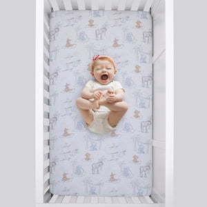 Disney Dumbo Mommy's Little Peanut Ivory, Gray, and Blue Kangaroo, Bear, Zebra, and Stork with Palm Trees 6 Piece Nursery Crib Bedding Set - Comforter, Two Fitted Crib Sheets, Crib Skirt, Blanket and Changing Pad Cover