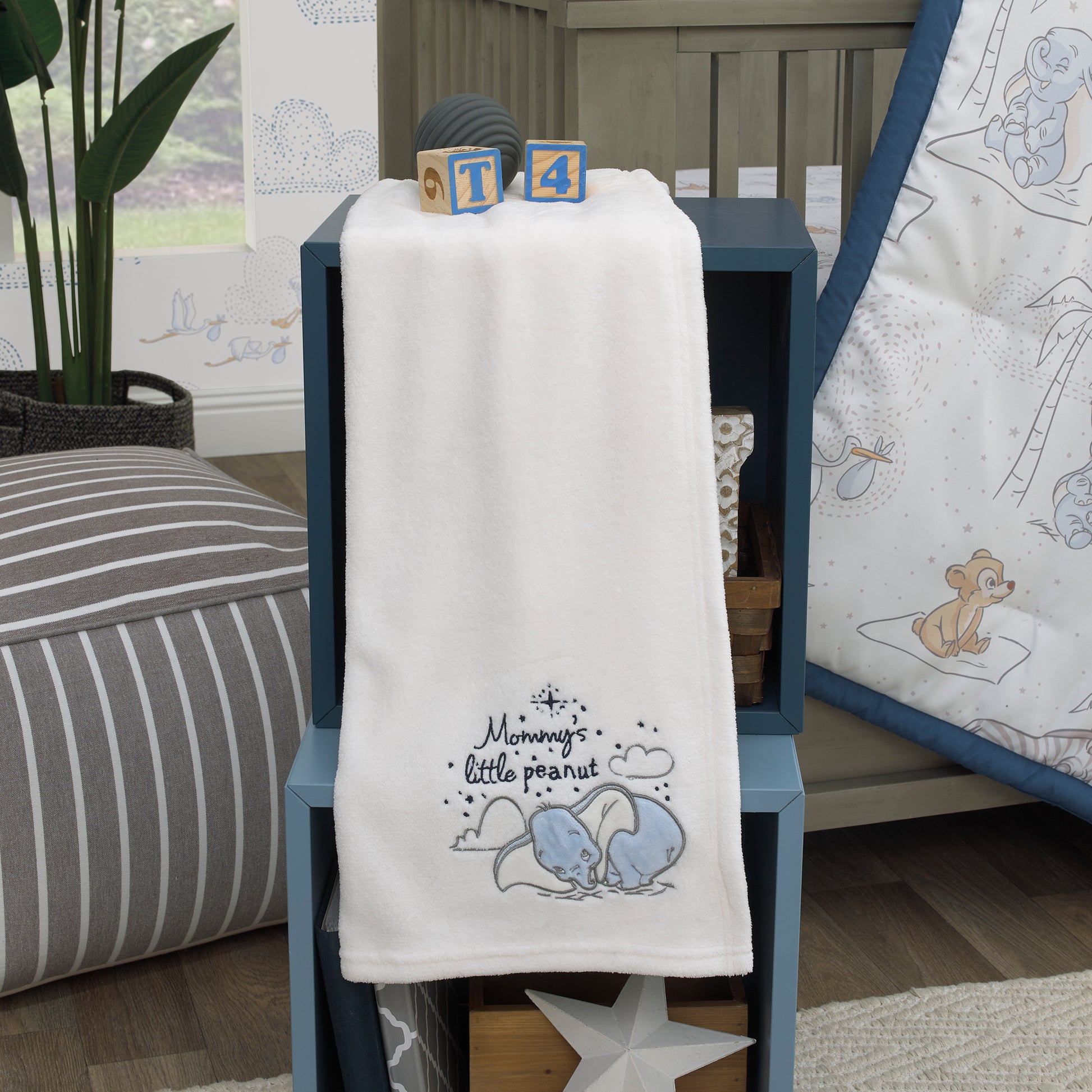 Disney Dumbo Mommy's Little Peanut Ivory, Gray, and Blue Kangaroo, Bear, Zebra, and Stork with Palm Trees 6 Piece Nursery Crib Bedding Set - Comforter, Two Fitted Crib Sheets, Crib Skirt, Blanket and Changing Pad Cover