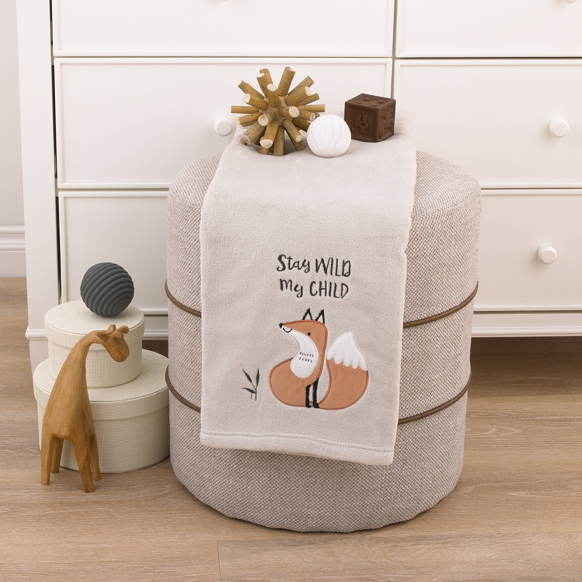 Little Love by NoJo Woodland Meadow Taupe and Tan, Fox Stay Wild My Child Super Soft Applique Baby Blanket