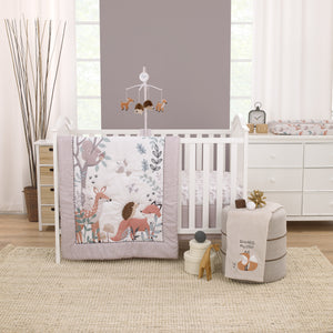Little Love by NoJo Woodland Meadow Taupe, Sage, and White Deer, Fox, and Hedgehog 3 Piece Nursery Crib Bedding Set - Comforter, Fitted Crib Sheet and Crib Skirt