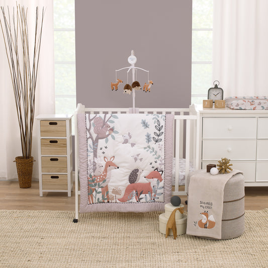 Little Love by NoJo Woodland Meadow Taupe, Sage and White, Fox, Deer, and Hedgehog 3 Piece Nursery Mini Crib Bedding Set - Mini Comforter, and Two Fitted Mini Crib Sheets