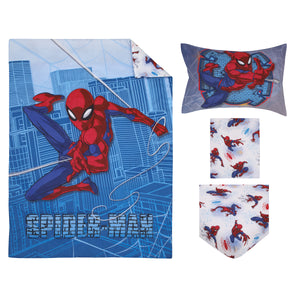 Marvel Spider-Man Wall Crawler Red, White, and Blue Spider Webs 4 Piece Toddler Bed Set - Comforter, Fitted Bottom Sheet, Flat Top Sheet, and Reversible Pillowcase