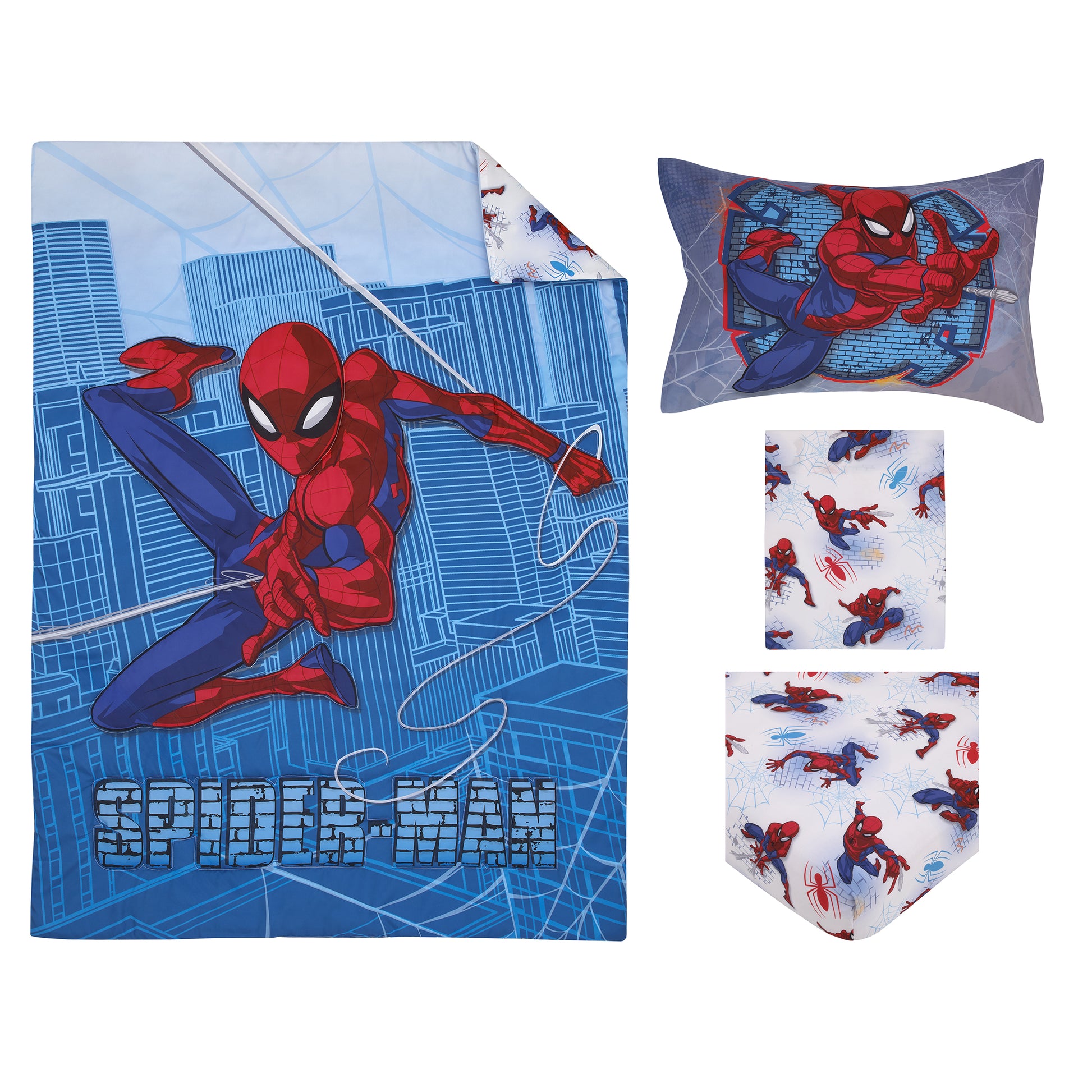 Marvel Spider-Man Wall Crawler Red, White, and Blue Spider Webs 4 Piece Toddler Bed Set - Comforter, Fitted Bottom Sheet, Flat Top Sheet, and Reversible Pillowcase