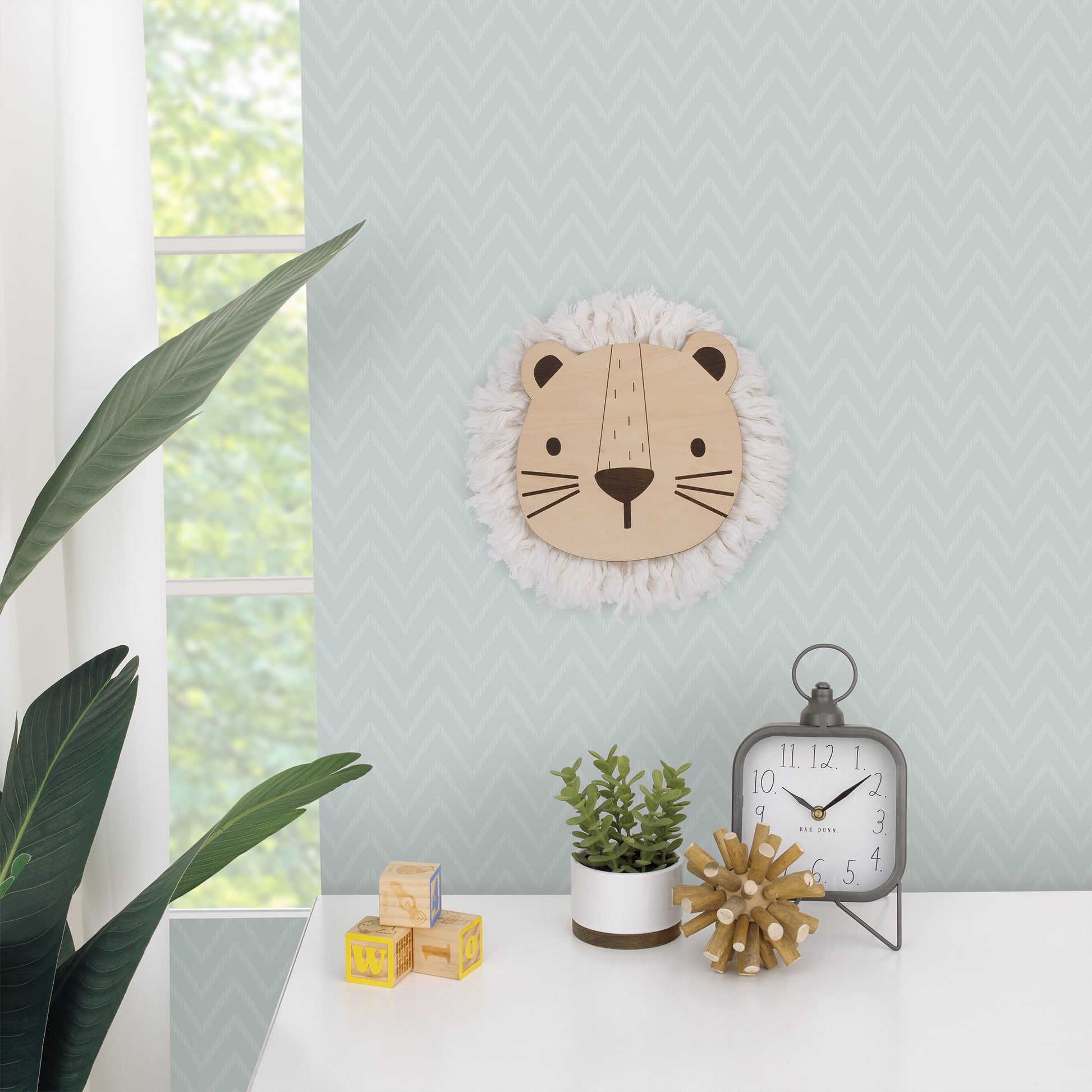 Little Love by NoJo Natural Wood Lion Wall Decor with Ivory Yarn Mane