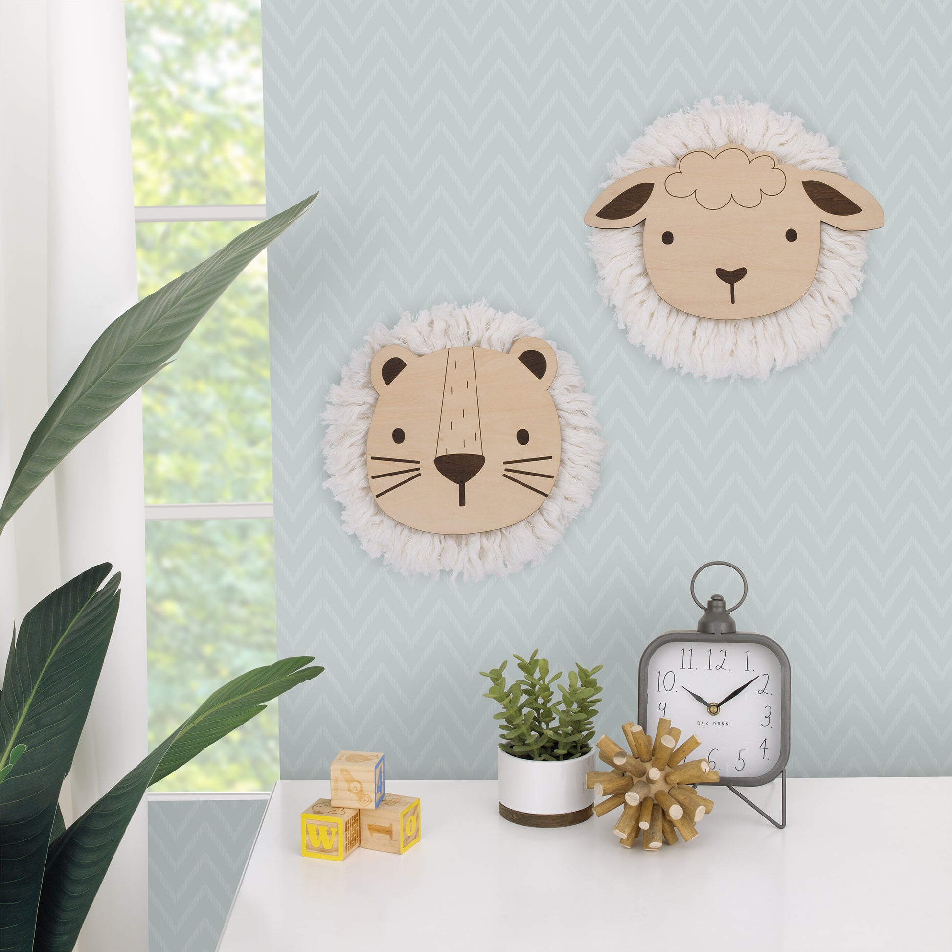 Little Love by NoJo Natural Wood Lion Wall Decor with Ivory Yarn Mane