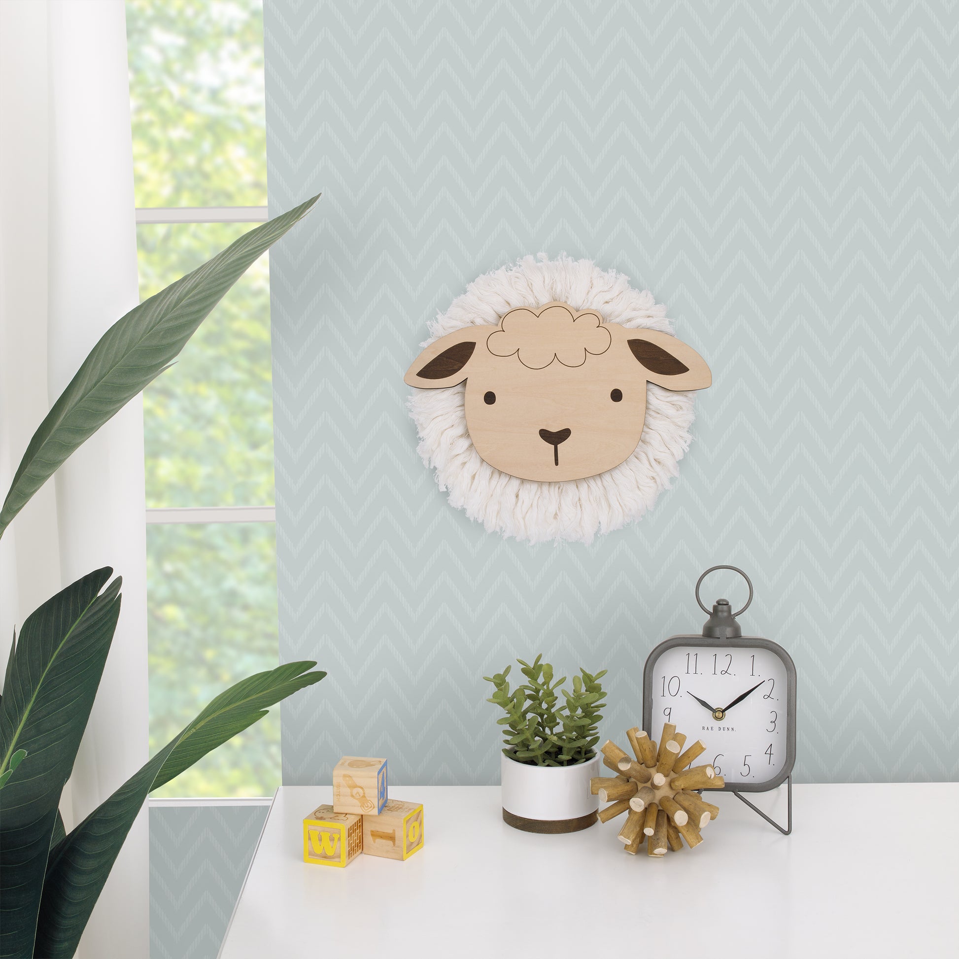 Little Love by NoJo Natural Wood Sheep Wall Decor with Ivory Yarn Wool