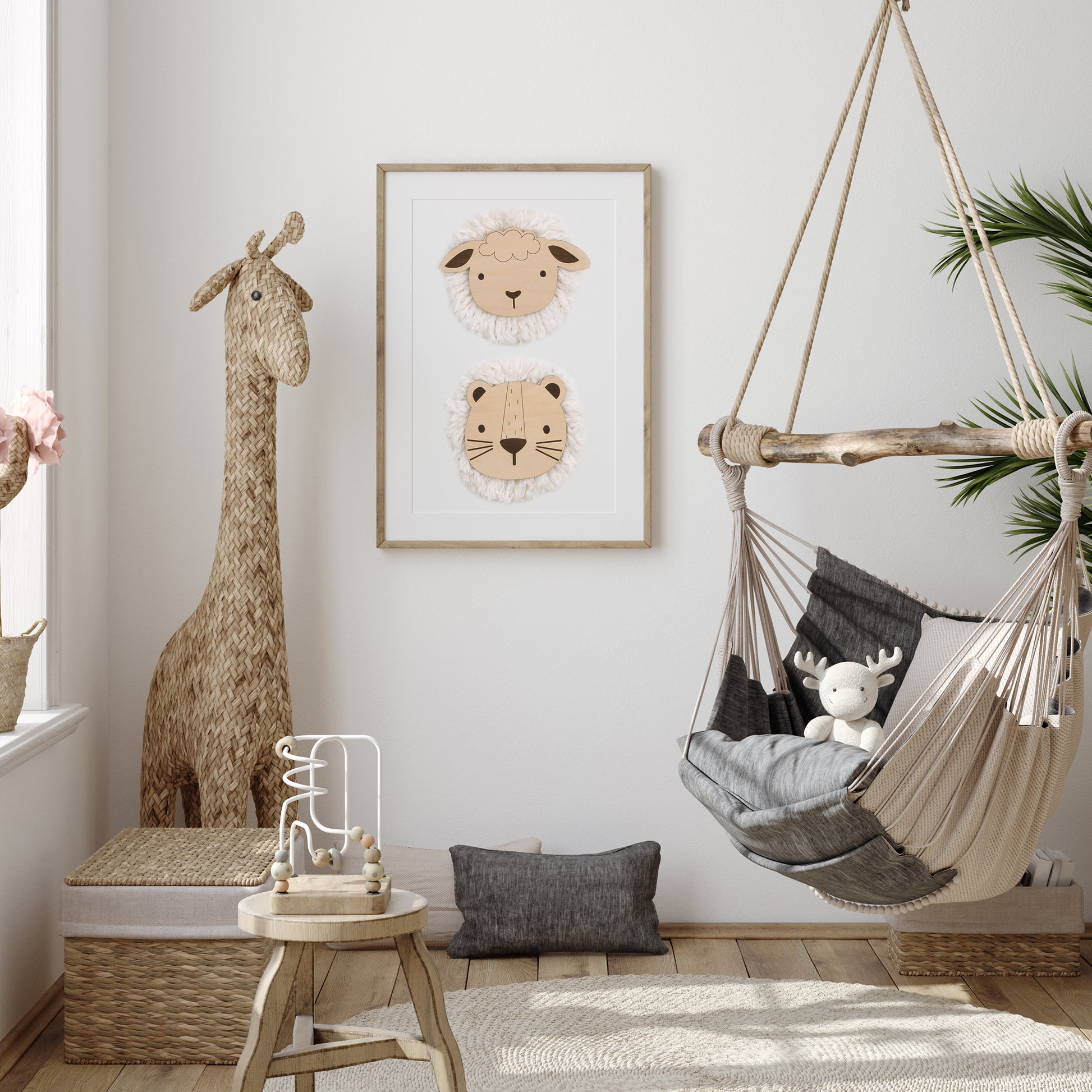 Little Love by NoJo Natural Wood Sheep Wall Decor with Ivory Yarn Wool