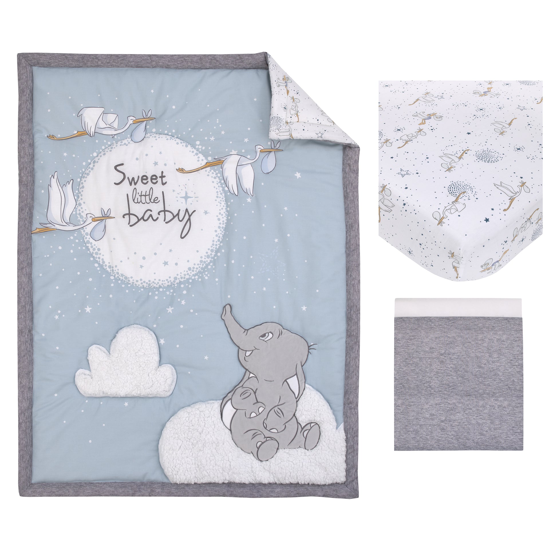 Disney Dumbo Sweet Little Baby Light Blue, Gray, and White Storks, Stars, Clouds and Moon 3 Piece Nursery Crib Bedding Set - Comforter, 100% Cotton Fitted Crib Sheet and Crib Skirt