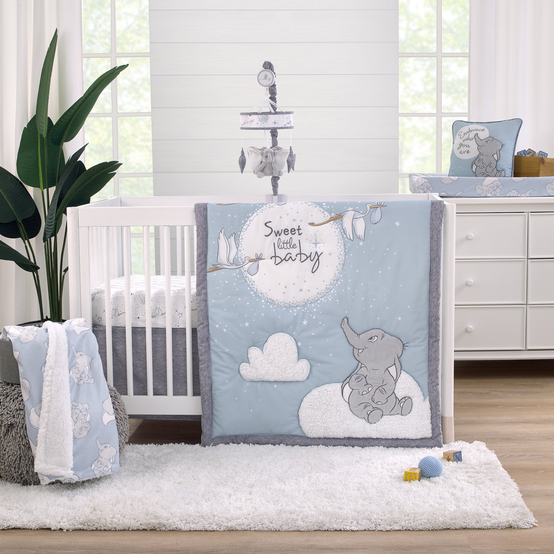 Disney Dumbo Sweet Little Baby Light Blue, Gray, and White Storks, Stars, Clouds and Moon 3 Piece Nursery Crib Bedding Set - Comforter, 100% Cotton Fitted Crib Sheet and Crib Skirt