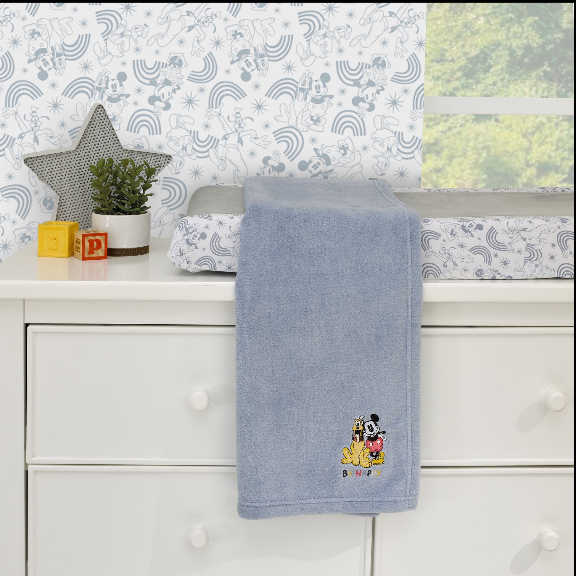Disney Mickey and Friends Blue, Gold and Red Pluto and Mickey Mouse Be Happy Super Soft Appliqued Baby Blanket