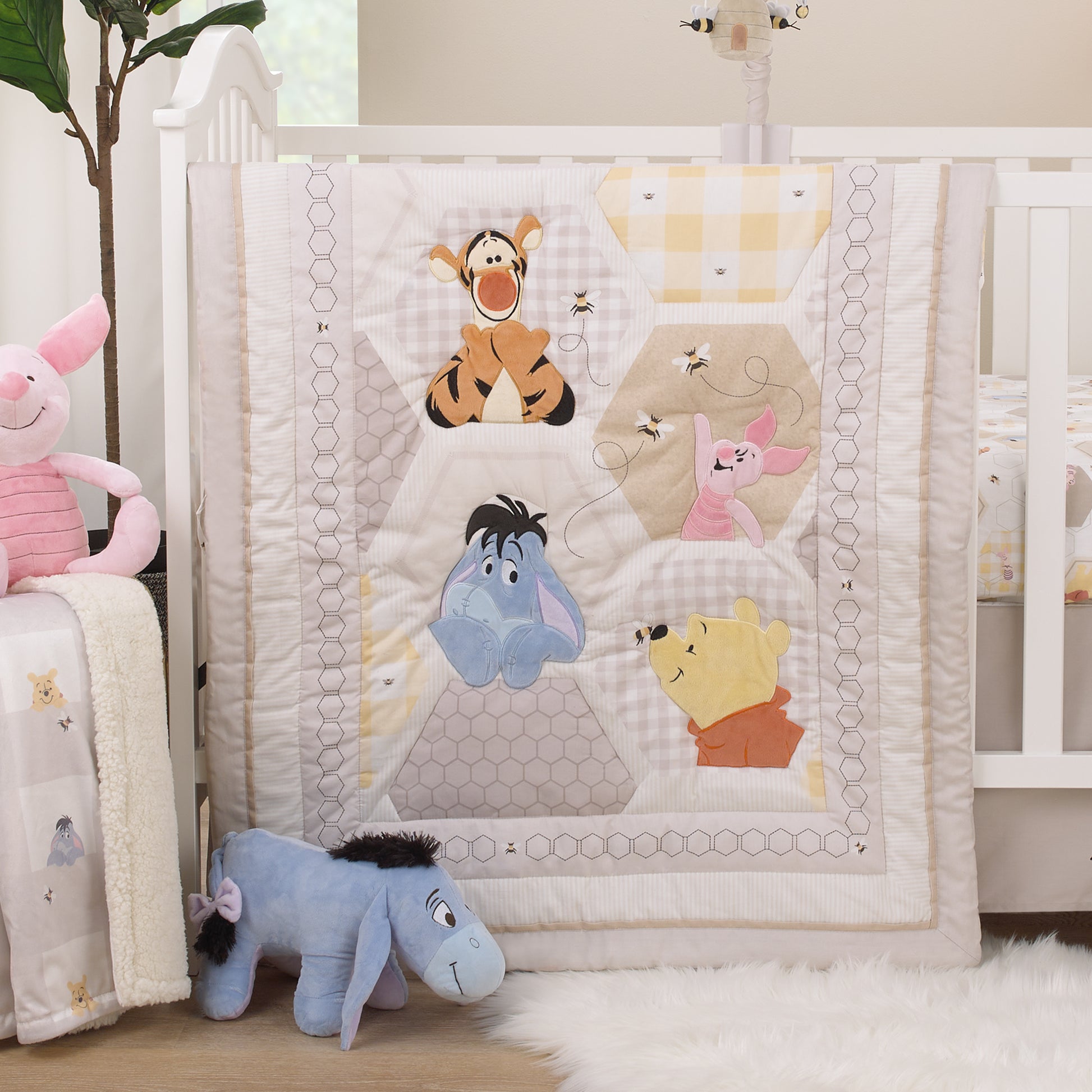 Disney Winnie the Pooh Hugs and Honeycombs Grey, White, and Tan Patchwork with Piglet, Tigger and Eeyore 3 Piece Crib Bedding Set - Comforter, 100% Cotton Fitted Crib Sheet, and Crib Skirt