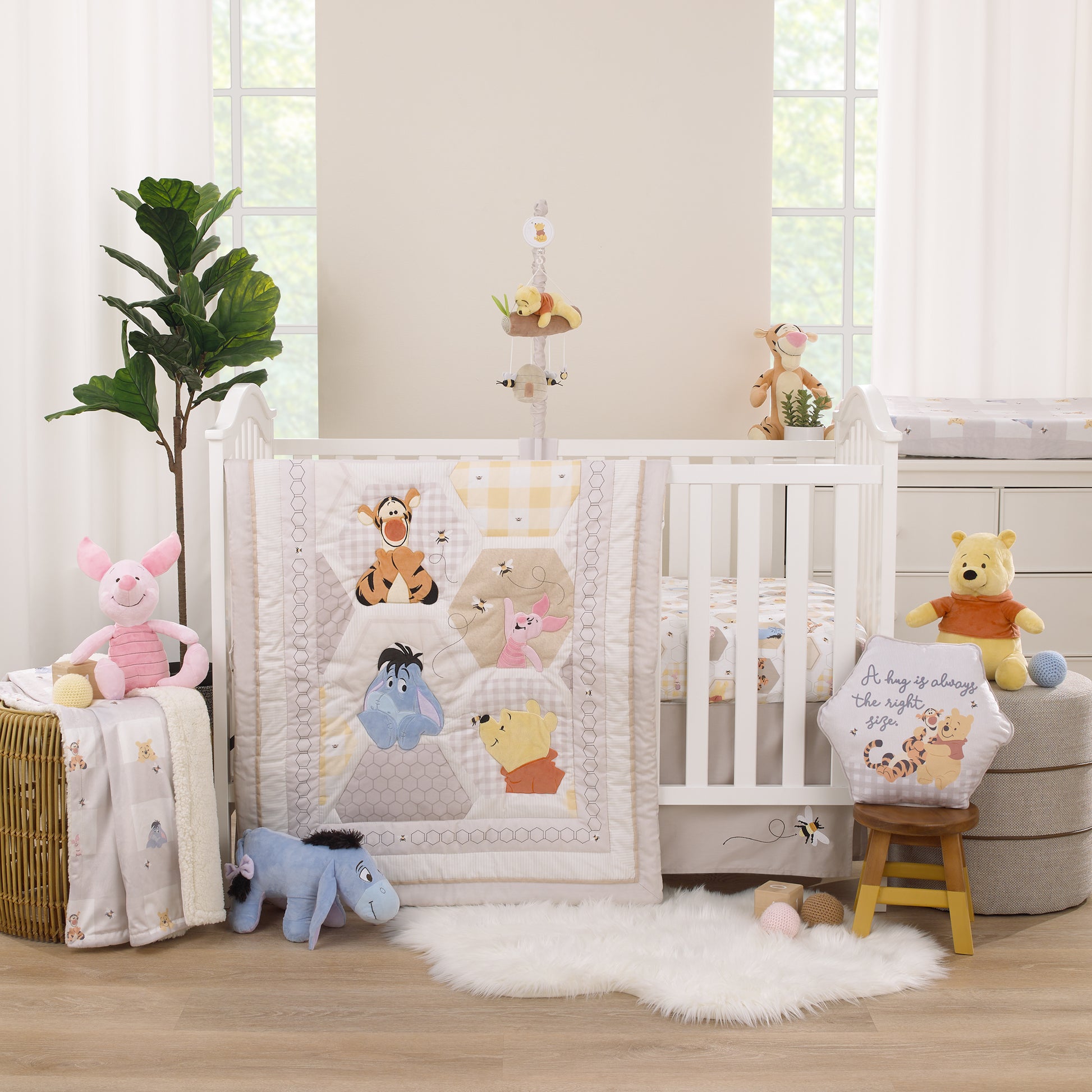 Disney Winnie the Pooh Hugs and Honeycombs Grey, White, and Tan Patchwork with Piglet, Tigger and Eeyore 3 Piece Crib Bedding Set - Comforter, 100% Cotton Fitted Crib Sheet, and Crib Skirt