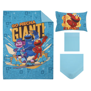 Sesame Street Mecha Builders Blue, Red, and Gold, with Cookie Monster, Elmo and Abby 4 Piece Toddler Bed Set - Comforter, Fitted Bottom Sheet, Flat Top Sheet, and Reversible Pillowcase