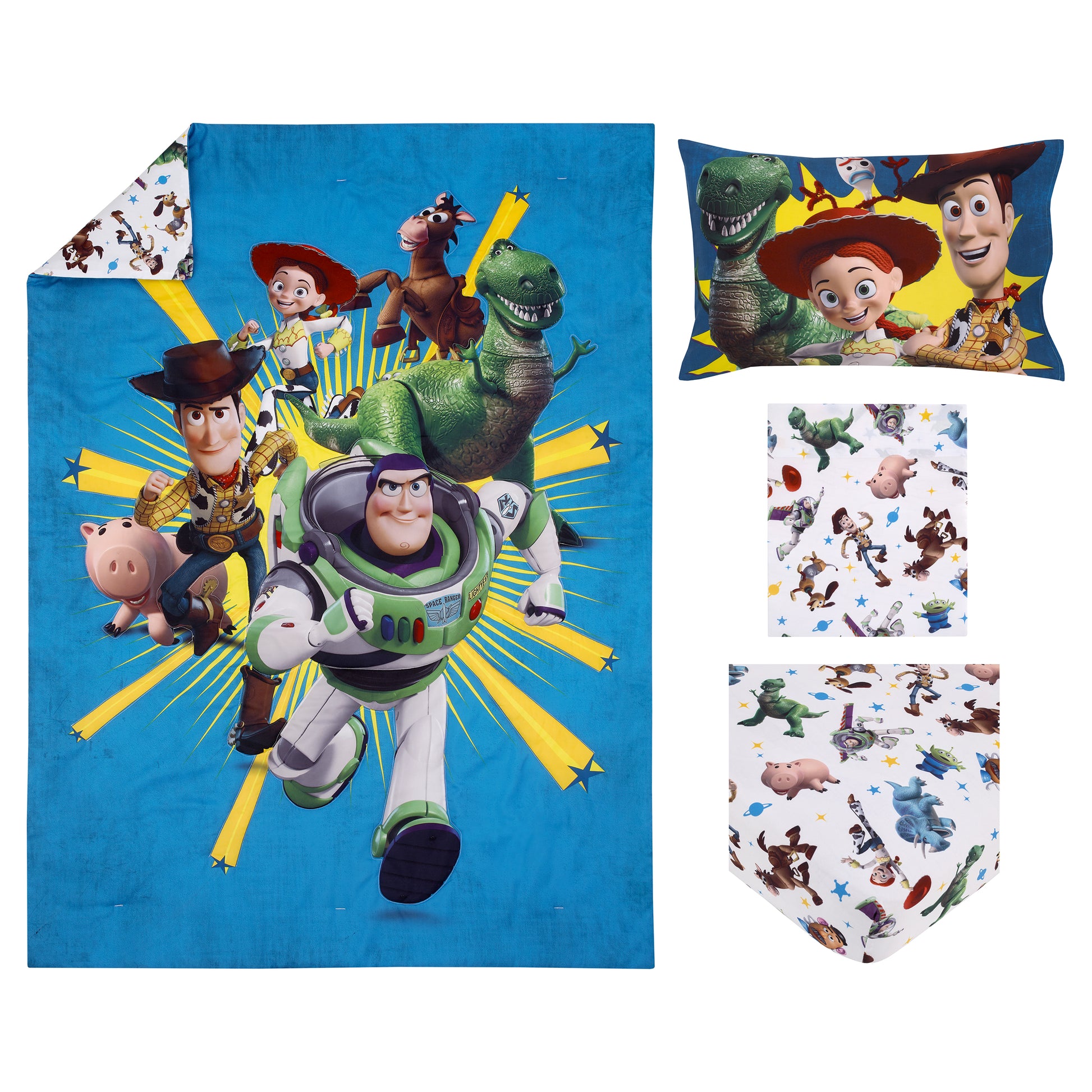 Disney Toy Story Taking Action Blue, Green and Yellow 4 Piece Toddler Bed Set - Comforter, Fitted Bottom Sheet, Flat Top Sheet, and Reversible Pillowcase