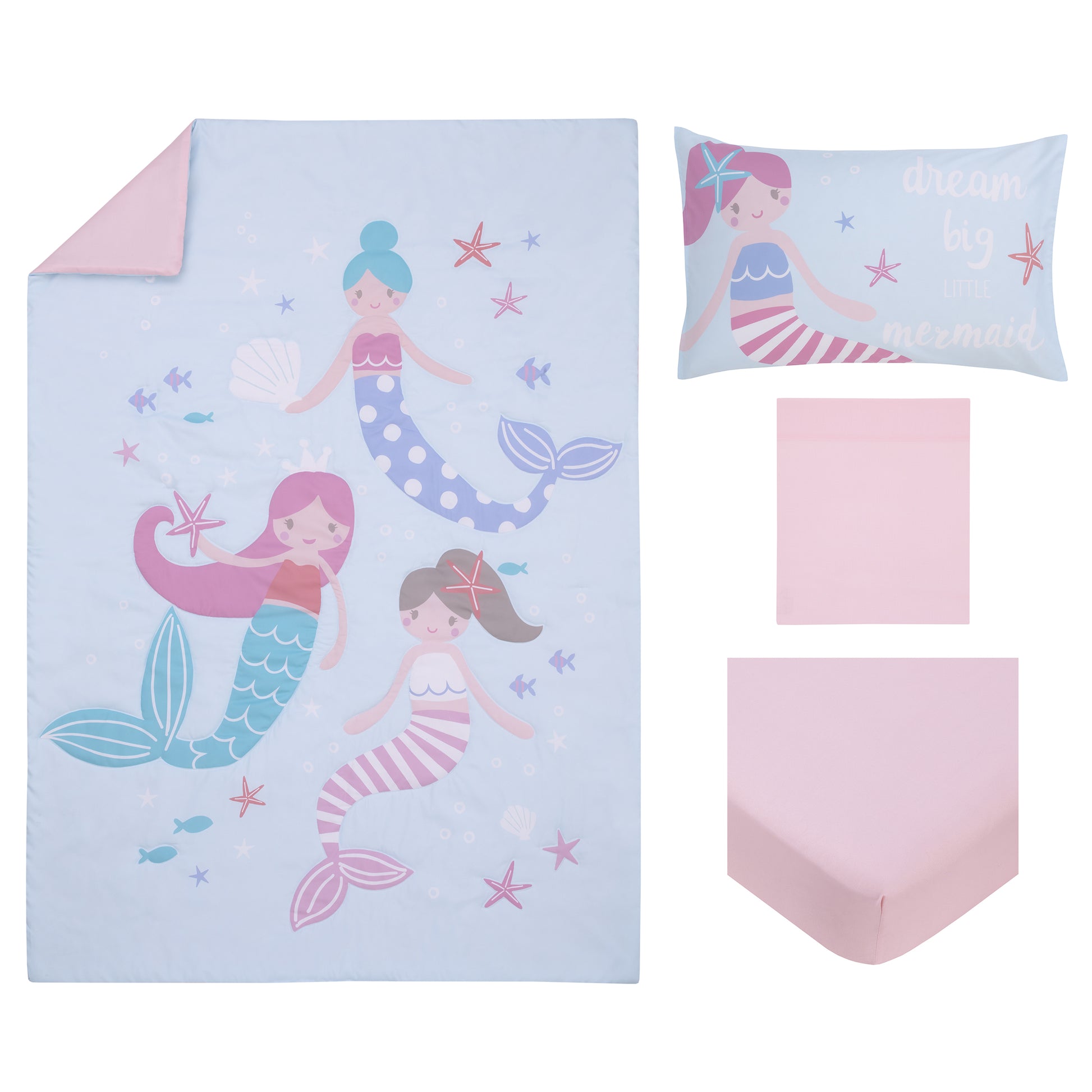 Everything Kids Mermaid Pink and Blue Dream Big Little Mermaid 4 Piece Toddler Bed Set - Comforter, Fitted Bottom Sheet, Flat Top Sheet, and Reversible Pillowcase