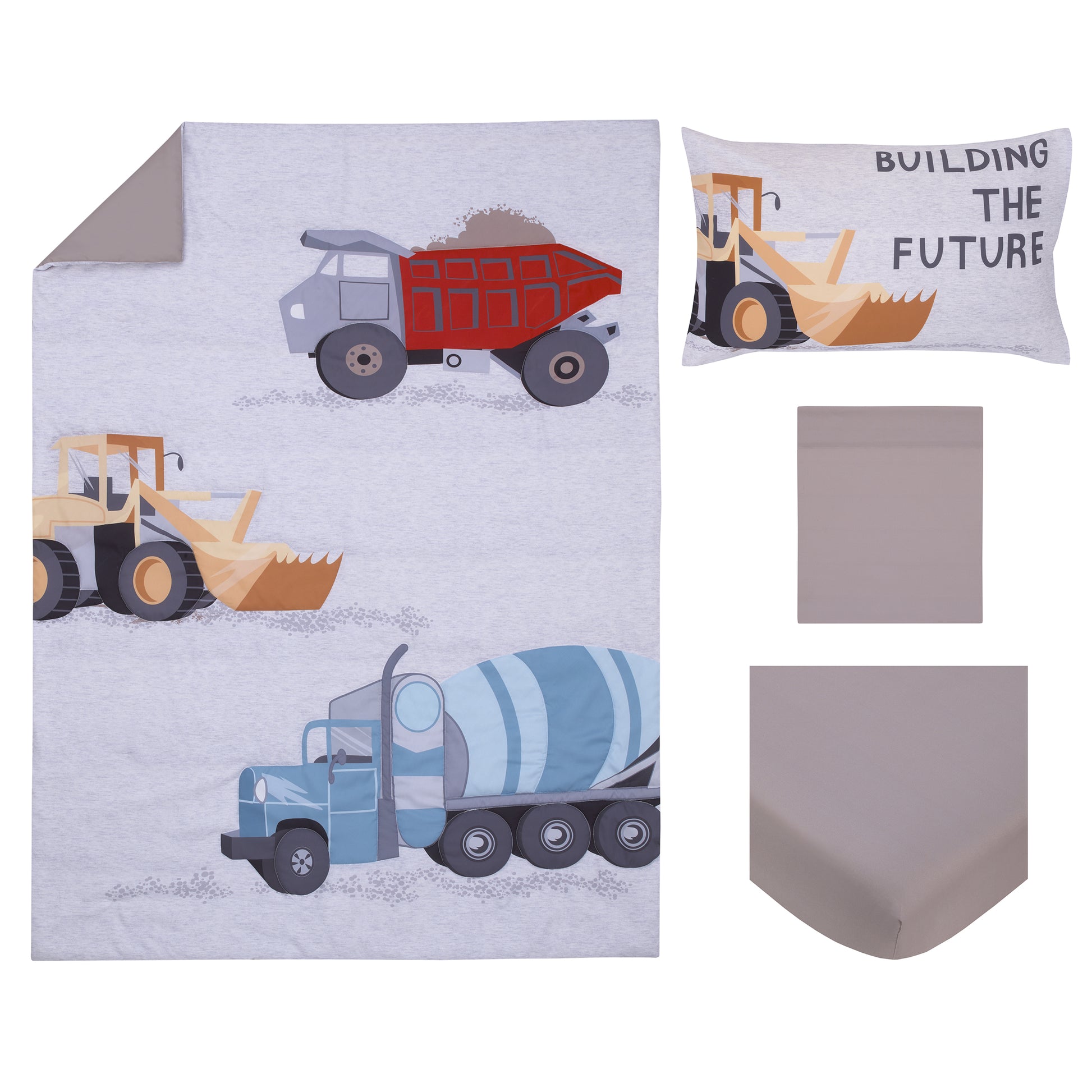 Everything Kids Trucks Gray, Red, Blue, and Yellow Building The Future 4 Piece Toddler Bed Set - Comforter, Fitted Bottom Sheet, Flat Top Sheet, and Reversible Pillowcase