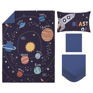 Everything Kids Solar System Navy, Orange, and Yellow Blast Off 4 Piece Toddler Bed Set - Comforter, Fitted Bottom Sheet, Flat Top Sheet, and Reversible Pillowcase