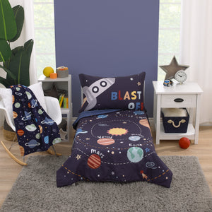 Everything Kids Solar System Navy, Orange, and Yellow Blast Off 4 Piece Toddler Bed Set - Comforter, Fitted Bottom Sheet, Flat Top Sheet, and Reversible Pillowcase