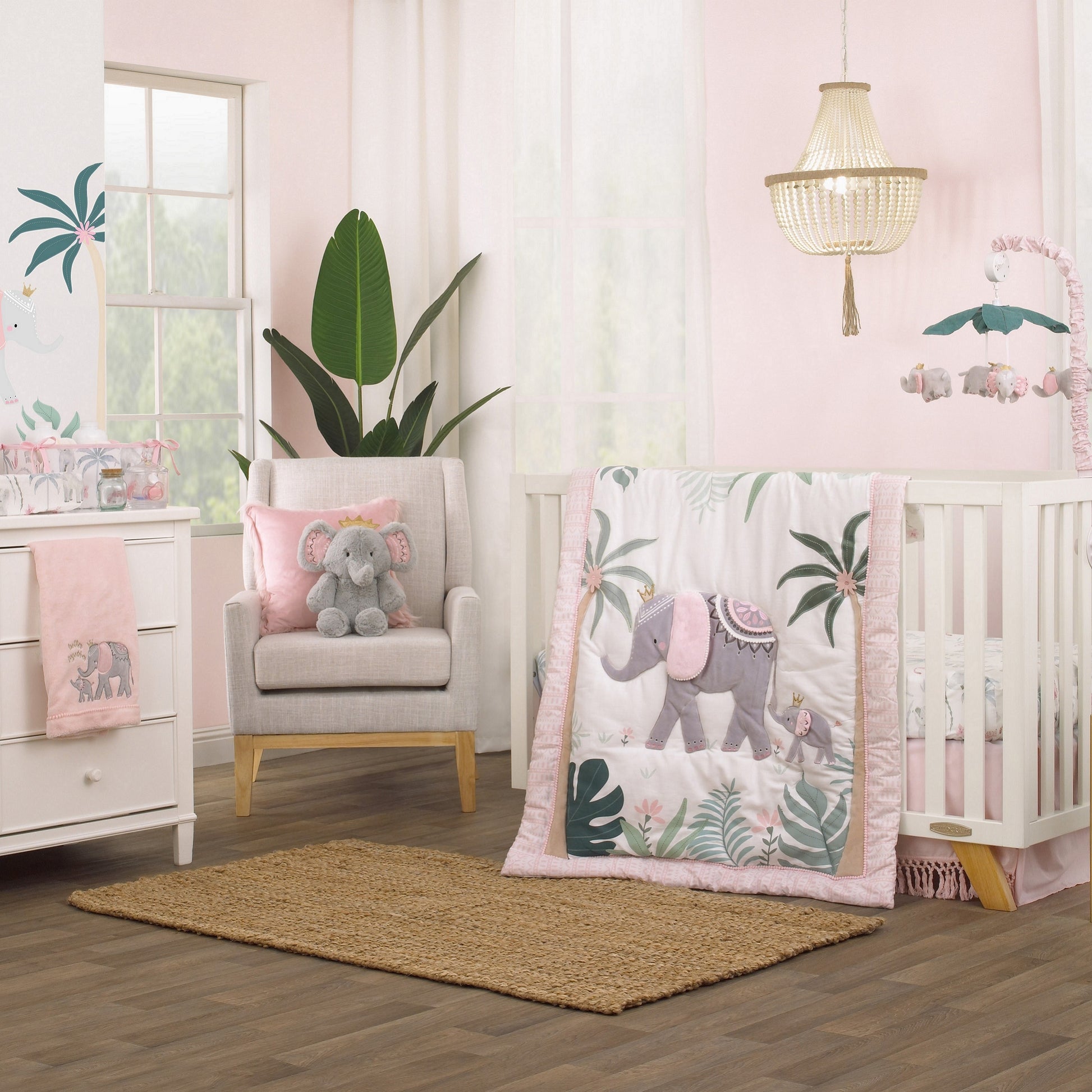 NoJo Tropical Princess Elephant/Jungle Pink and Green 100% Cotton Fitted Crib Sheet