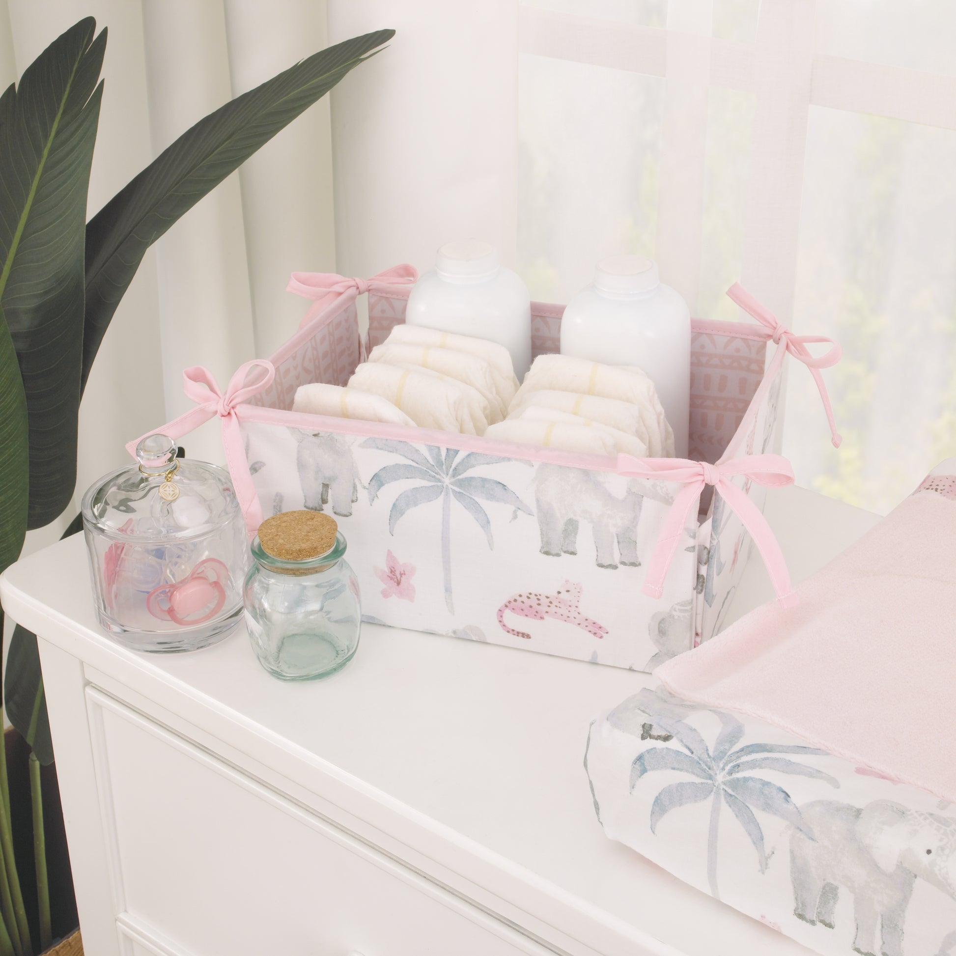 NoJo Tropical Princess Elephant /Jungle Pink and Green 4 Piece Crib Bedding Set - Comforter, Fitted Crib Sheet, Dust Ruffle and Storage