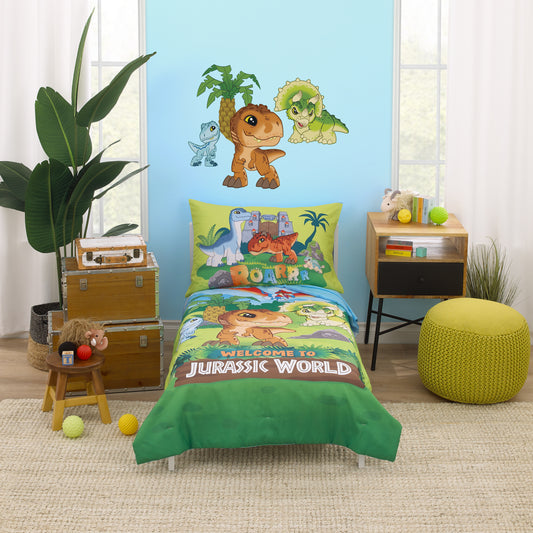 Universal Jurassic World Explorers Welcome to Jurassic World, Green, Blue, and Tan Dinosaur 4 Piece Toddler Bed Set - Comforter, Fitted Bottom Sheet, Flat Top Sheet, and Reversible Pillowcase