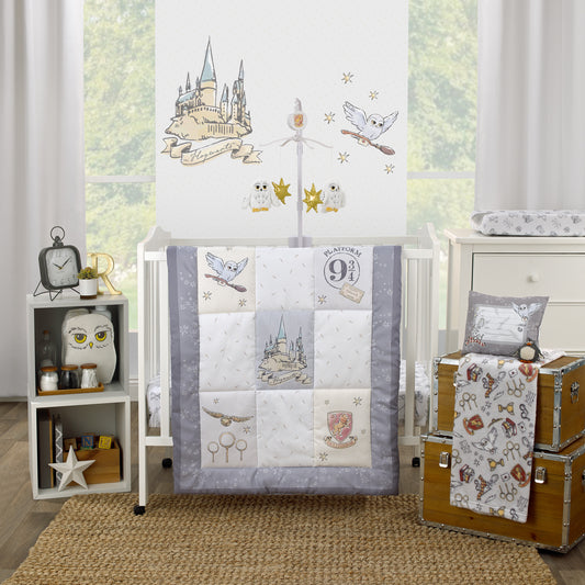 Warner Bros  Harry Potter Magical Moments Grey and White Hogwarts 3 Piece Nursery Mini Crib Bedding Set - Comforter and Two Fitted Mini Crib Sheets