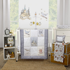 Warner Bros  Harry Potter Magical Moments Grey and White Hogwarts 3 Piece Nursery Mini Crib Bedding Set - Comforter and Two Fitted Mini Crib Sheets