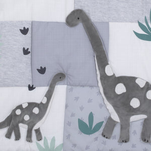NoJo Baby-Saurus Gray, White, and Green Triceratops,  Brontosaurus, and Tyrannosaurus Dinosaurs with Mountains and Leaves 4 Piece Nursery Crib Bedding Set - Comforter, 100% Cotton Fitted Crib Sheet, Crib Skirt, and Storage