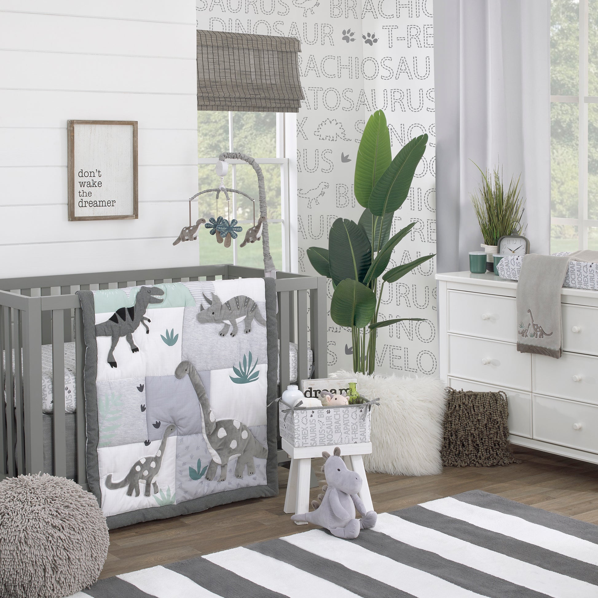 NoJo Baby-Saurus Gray, White, and Green Triceratops,  Brontosaurus, and Tyrannosaurus Dinosaurs with Mountains and Leaves 4 Piece Nursery Crib Bedding Set - Comforter, 100% Cotton Fitted Crib Sheet, Crib Skirt, and Storage