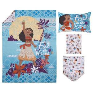 Disney Moana Free as the Ocean Aqua, Purple, Orange and White Tropical 4 Piece Toddler Bed Set - Comforter, Fitted Bottom Sheet, Flat Top Sheet, and Reversible Pillowcase