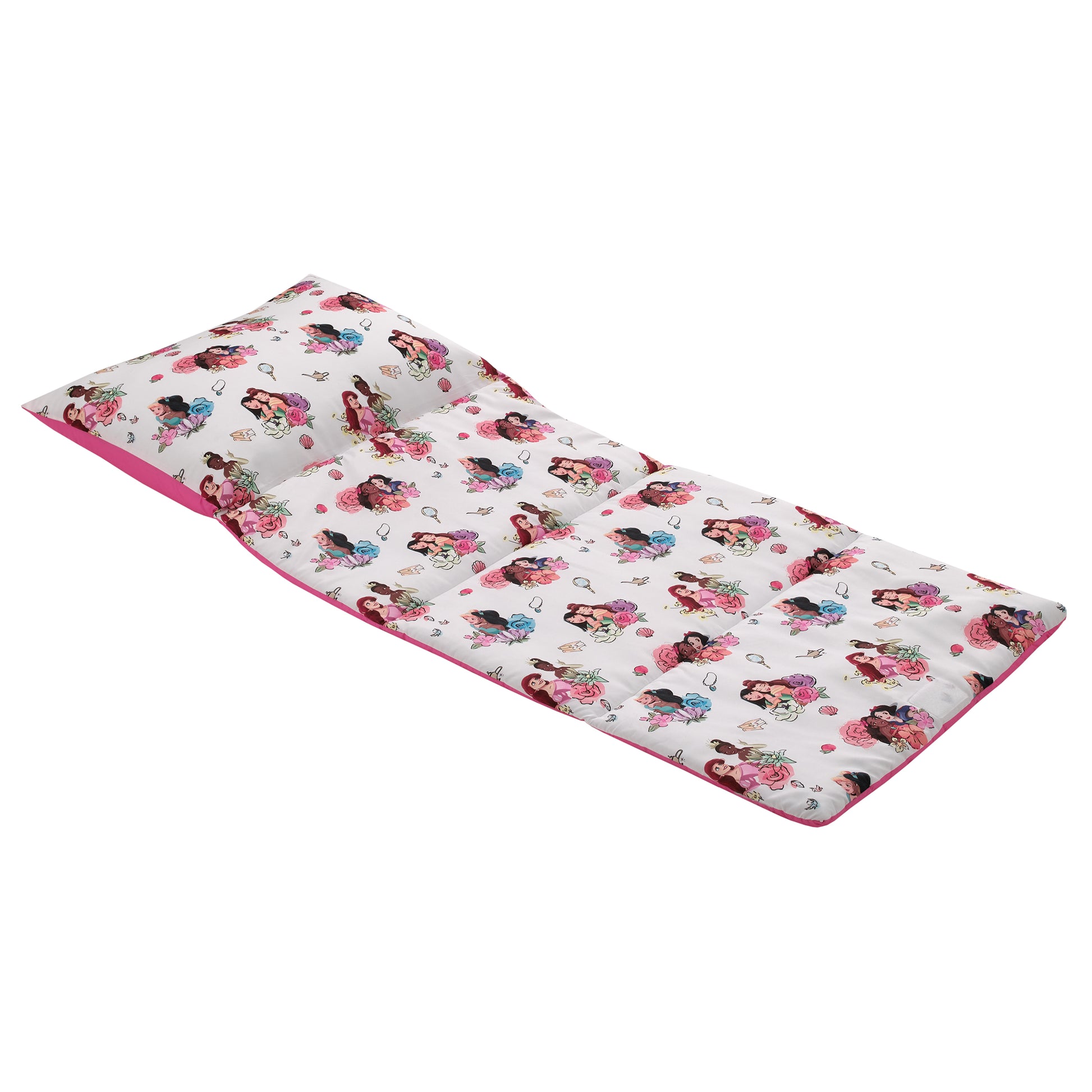 Disney Princesses Courage and Kindness Pink, Blue, and White Ariel, Tiana, Moana, Jasmine, Cinderella, Mulan, Belle, and Snow White Deluxe Easy Fold Toddler Nap Mat