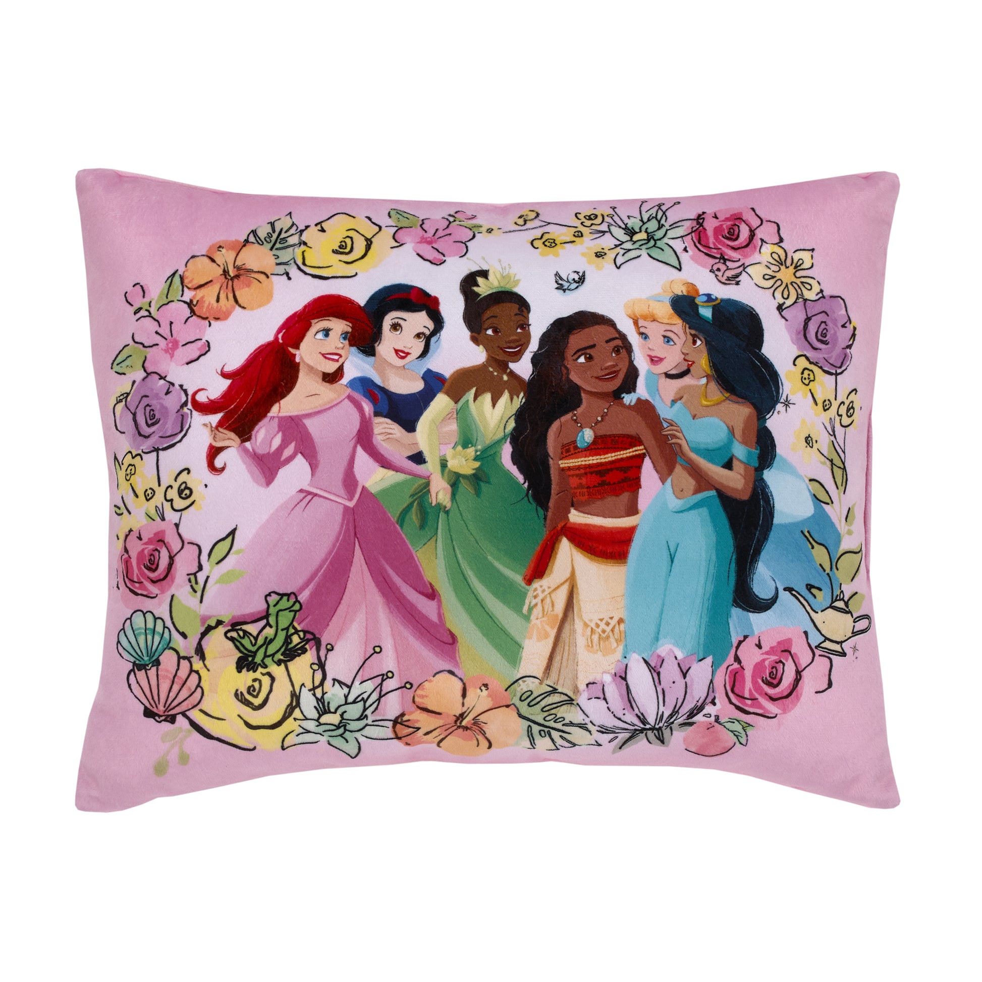 Disney Princesses Courage and Kindness Pink, Blue, Green and Yellow Ariel and Snow White, Tiana and Moana, Cinderella, and Jasmine Toddler Pillow