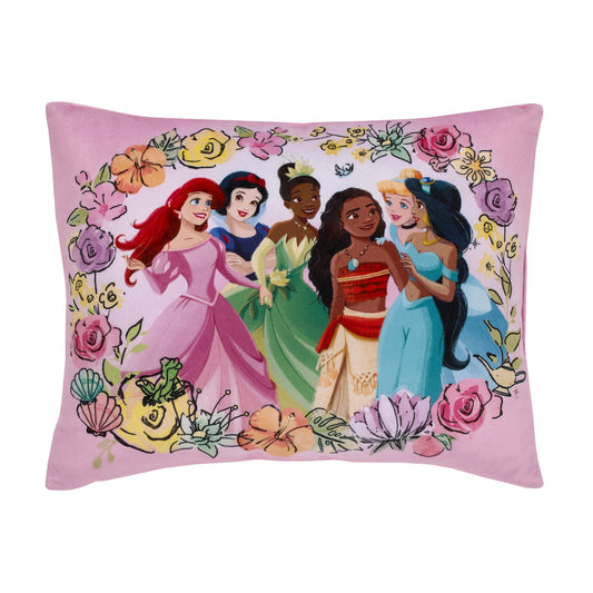 Disney Princesses Courage and Kindness Pink, Blue, Green and Yellow Ariel and Snow White, Tiana and Moana, Cinderella, and Jasmine Toddler Pillow