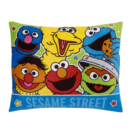 Sesame Street Come and Play Blue, Green, Red and Yellow, Elmo, Big Bird, Cookie Monster, Grover, Oscar the Grouch and Ernie - Decorative Toddler Pillow