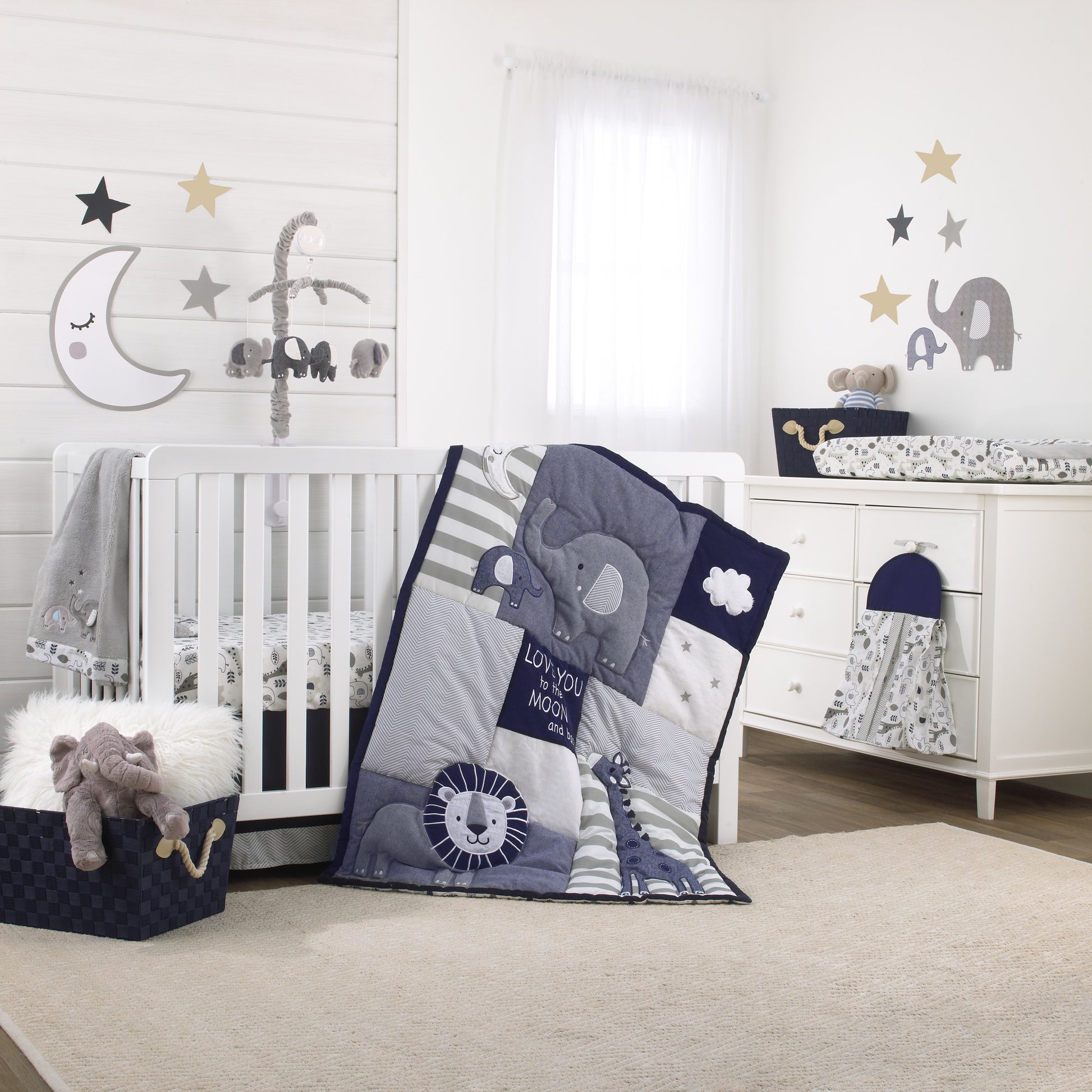 NoJo Love You To The Moon - Navy, Grey and Blue 4 Piece Nursery Crib Bedding Set with Comforter, Fitted Crib Sheet, Dust Ruffle, Diaper Stacker