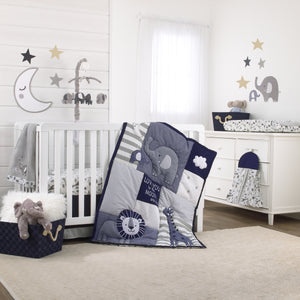 NoJo Love You To The Moon - Navy, Grey and Blue 4 Piece Nursery Crib Bedding Set with Comforter, Fitted Crib Sheet, Dust Ruffle, Diaper Stacker