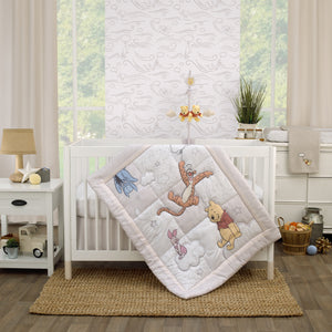 Disney Winnie the Pooh - Blustery Day Grey and White Clouds with Piglet, Tigger and Eeyore 3 Piece Nursery Crib Bedding Set - Comforter, Fitted Crib Sheet and Crib Skirt