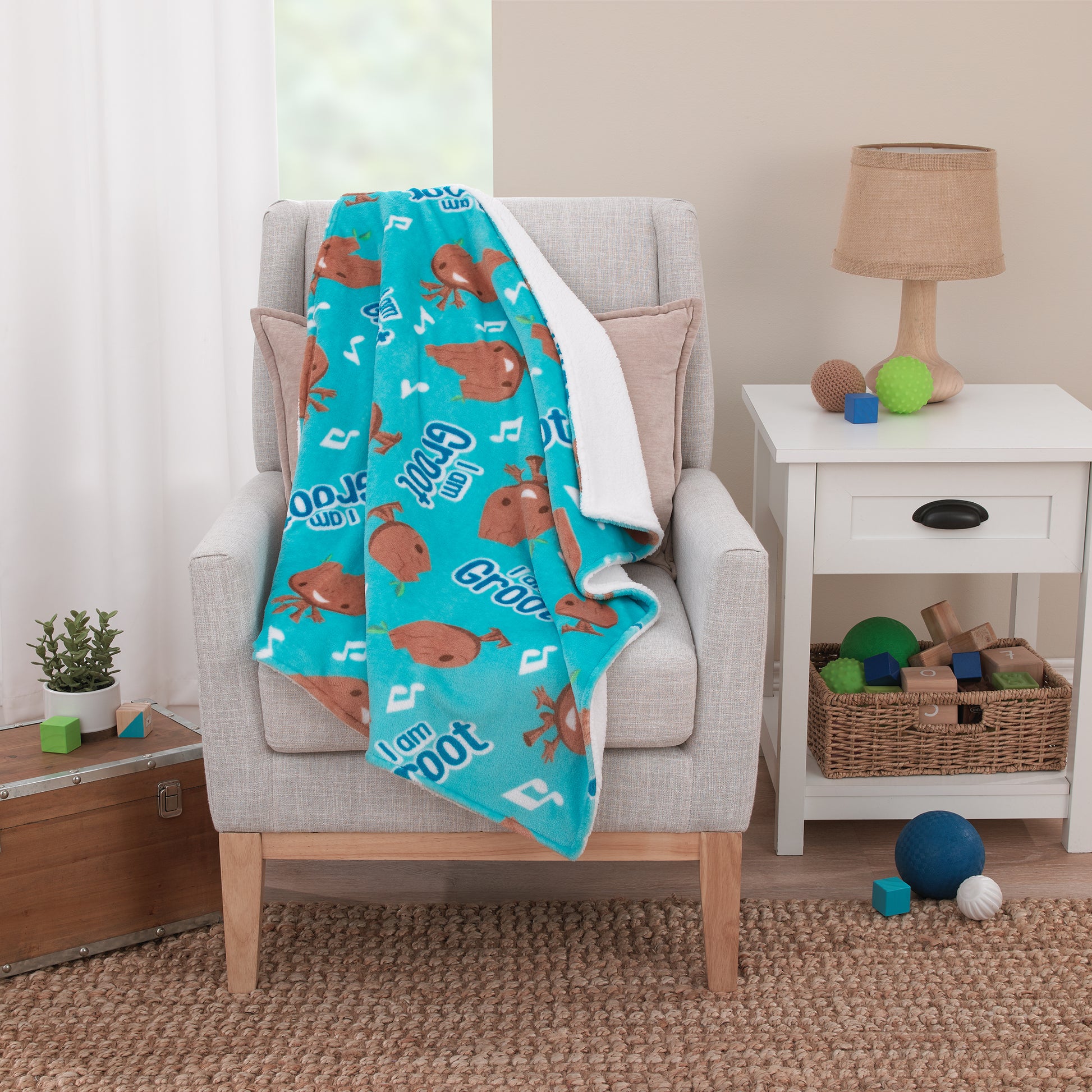 Marvel I Am Groot Blue and Brown Super Soft Sherpa Baby Blanket