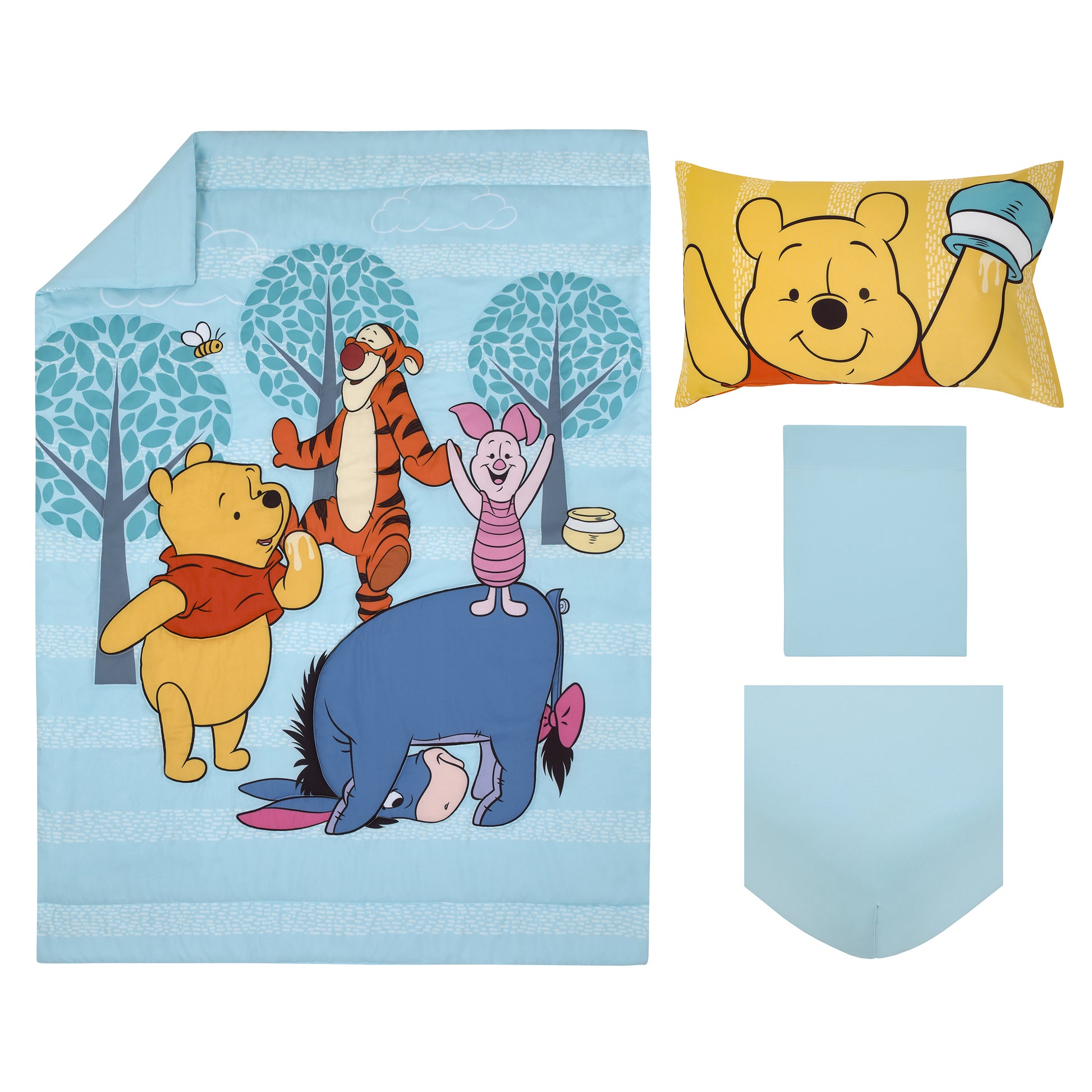Disney Winnie the Pooh Funny Friends Aqua, Gold, Blue and Orange, Tigger, Eeyore and Piglet 4 Piece Toddler Bed Set - Comforter, Fitted Bottom Sheet, Flat Top Sheet, and Reversible Pillowcase