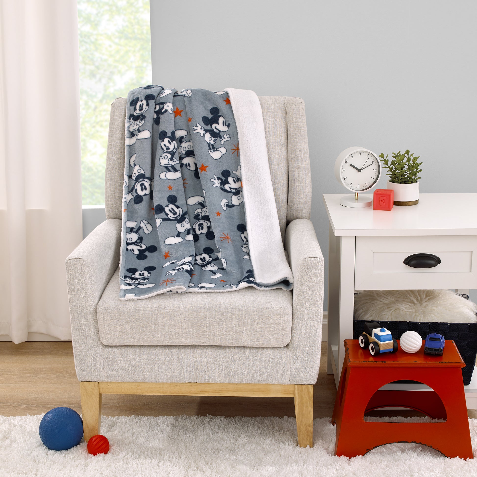 Disney Mickey Mouse Gray, Navy, White and Red Stars Super Soft Sherpa Baby Blanket