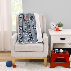 Disney Mickey Mouse Gray, Navy, White and Red Stars Super Soft Sherpa Baby Blanket