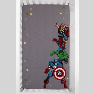 Marvel Comics Grey, White, Red, and Blue, Captain America, Hulk, Spider-Man and Thor Photo Op Fitted Crib Sheet