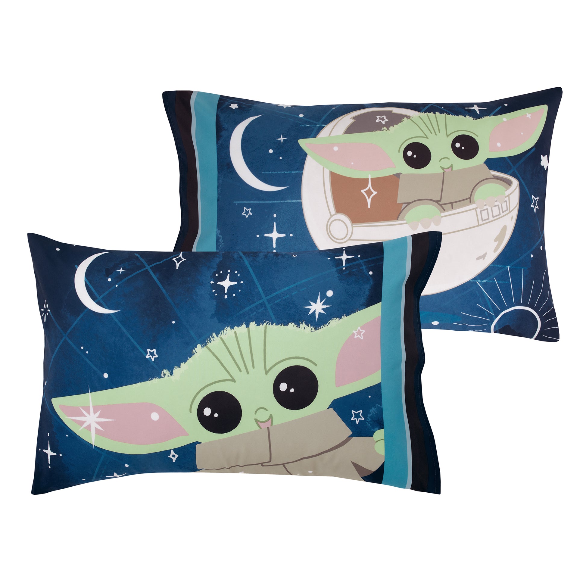 Star Wars The Child - Little Bounty Blue, Green and White Grogu "The Force is Strong with this Child" 4 Piece Toddler Bed Set - Comforter, Fitted Bottom Sheet, Flat Top Sheet and Reversible Pillowcase