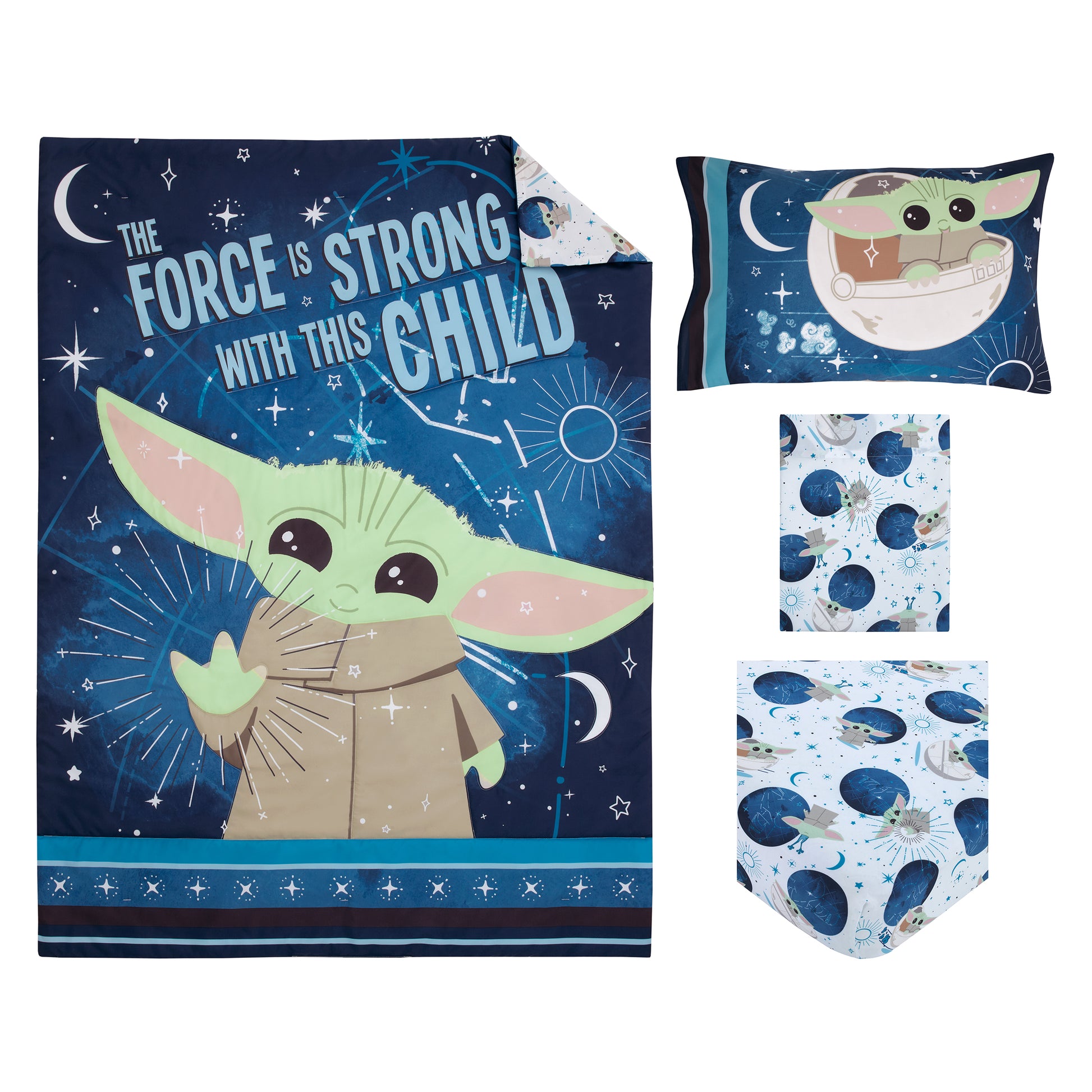 Star Wars The Child - Little Bounty Blue, Green and White Grogu "The Force is Strong with this Child" 4 Piece Toddler Bed Set - Comforter, Fitted Bottom Sheet, Flat Top Sheet and Reversible Pillowcase