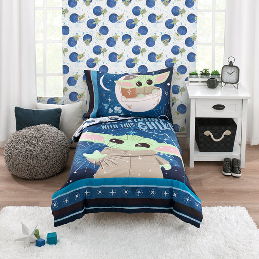 Star Wars The Child - Little Bounty Blue, Green and White Grogu "The Force is Strong with this Child" 4 Piece Toddler Bed Set - Comforter, Fitted Bottom Sheet, Flat Top Sheet and Reversible Pillowcase