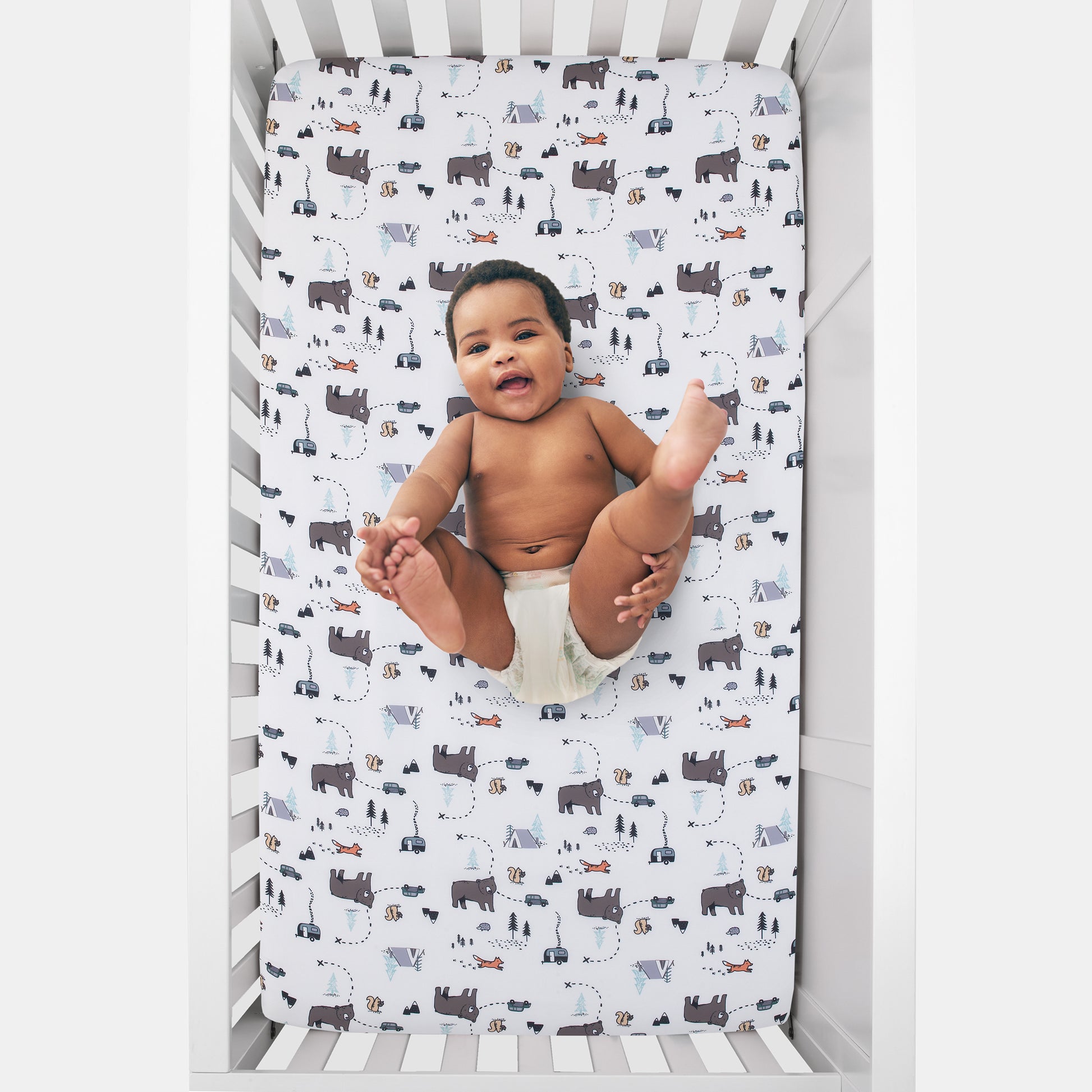 Carter's Woodland Friends White and Multi Colored Bear, Fox, Squirrel, Tree, and Camper Fitted Crib Sheet