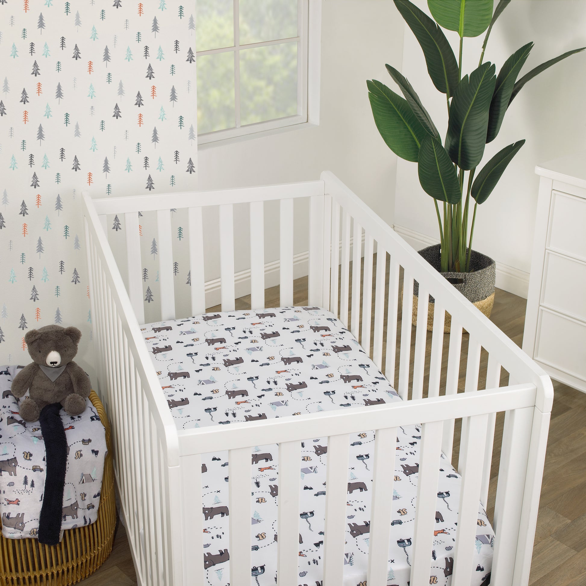 Carter's Woodland Friends White and Multi Colored Bear, Fox, Squirrel, Tree, and Camper Fitted Crib Sheet
