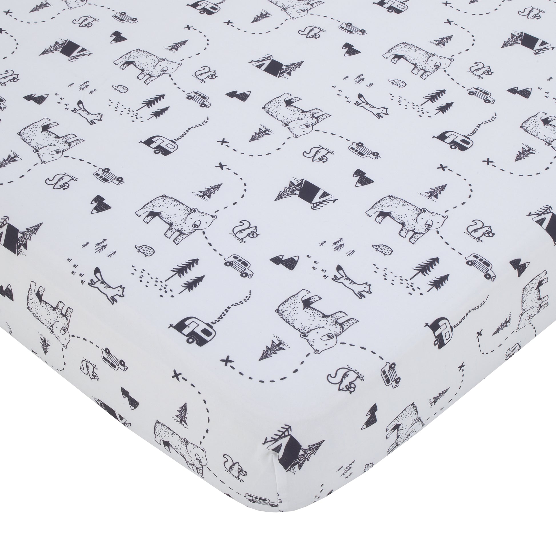 Carter's Woodland Friends Gray Multi Colored Bear and Fox, Squirrel, Tree, Tent, and Campfire 3 Piece Nursery Crib Bedding Set - Comforter, Fitted Crib Sheet, and Crib Skirt