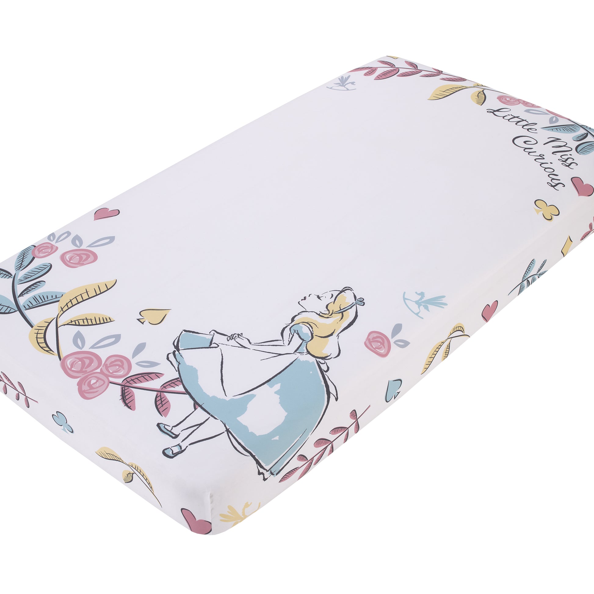 Disney Alice in Wonderland Light Blue, Pink, Yellow, and White Nursery Photo Op Fitted Crib Sheet