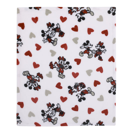 Disney Mickey Mouse & Minnie Mouse Red, Gray, and White Valentine Hearts Super Soft Plush Baby Blanket